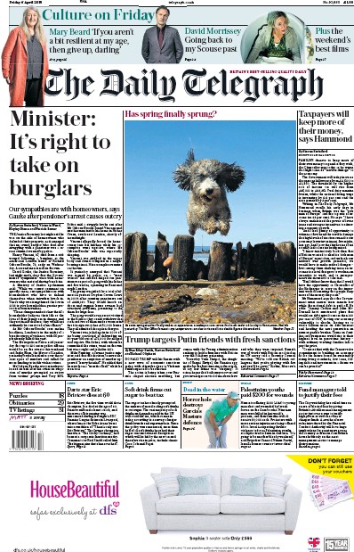 The Daily Telegraph Newspaper Front Page (UK) for 6 April 2018