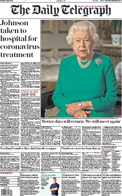 The Daily Telegraph Newspaper Front Page (UK) for 6 April 2020