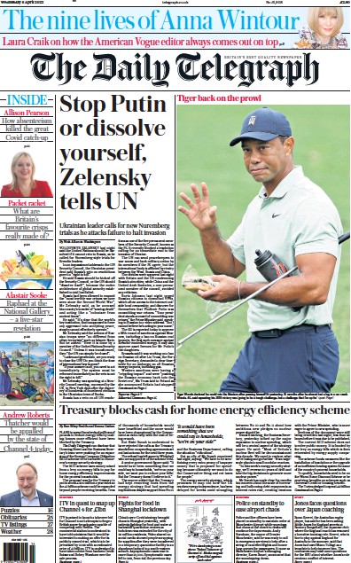 The Daily Telegraph Newspaper Front Page (UK) for 6 April 2022