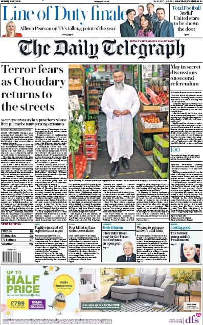 The Daily Telegraph Newspaper Front Page (UK) for 6 May 2019