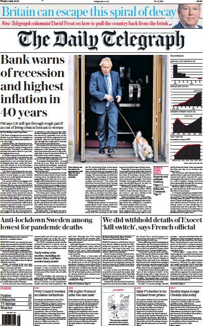 The Daily Telegraph Newspaper Front Page (UK) for 6 May 2022