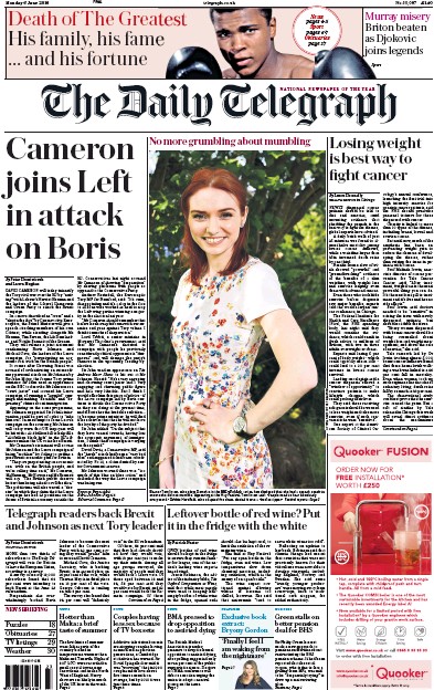 The Daily Telegraph Newspaper Front Page (UK) for 6 June 2016