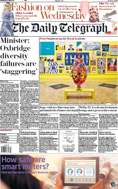 The Daily Telegraph Newspaper Front Page (UK) for 6 June 2018