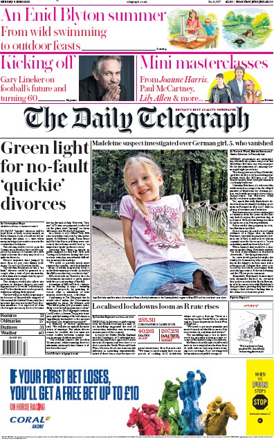 The Daily Telegraph Newspaper Front Page (UK) for 6 June 2020