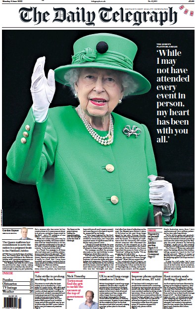 The Daily Telegraph Newspaper Front Page (UK) for 6 June 2022
