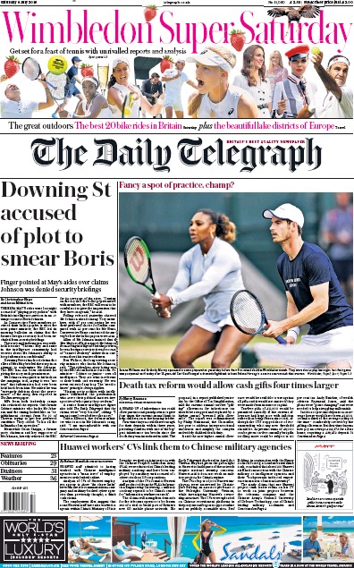 The Daily Telegraph Newspaper Front Page (UK) for 6 July 2019