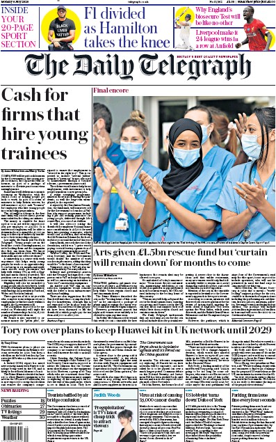 The Daily Telegraph Newspaper Front Page (UK) for 6 July 2020