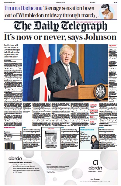 The Daily Telegraph Newspaper Front Page (UK) for 6 July 2021