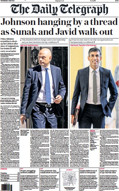 The Daily Telegraph Newspaper Front Page (UK) for 6 July 2022