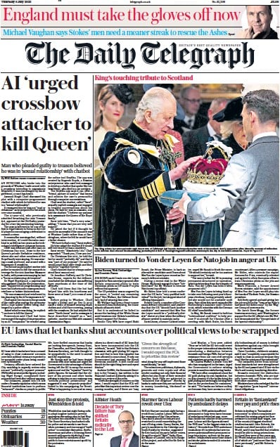 The Daily Telegraph Newspaper Front Page (UK) for 6 July 2023