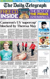 The Daily Telegraph Newspaper Front Page (UK) for 6 August 2011