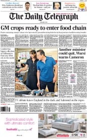 The Daily Telegraph Newspaper Front Page (UK) for 6 August 2014