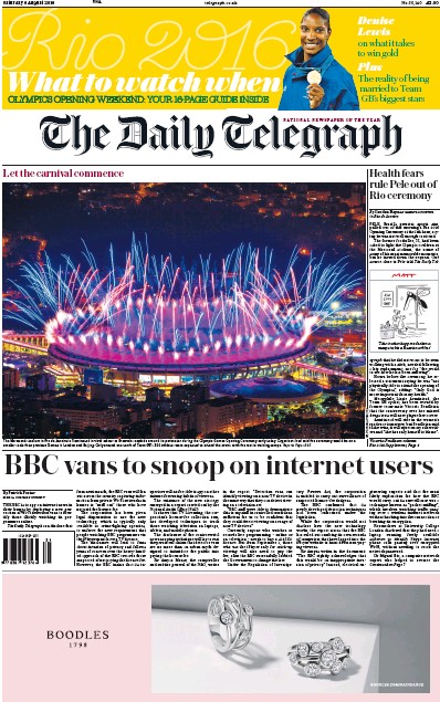 The Daily Telegraph Newspaper Front Page (UK) for 6 August 2016