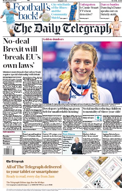 The Daily Telegraph Newspaper Front Page (UK) for 6 August 2018