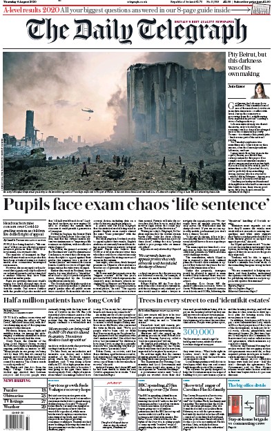The Daily Telegraph Newspaper Front Page (UK) for 6 August 2020