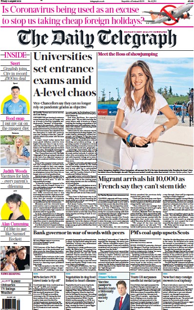 The Daily Telegraph Newspaper Front Page (UK) for 6 August 2021