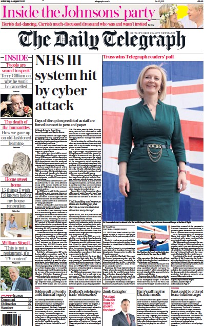 The Daily Telegraph Newspaper Front Page (UK) for 6 August 2022