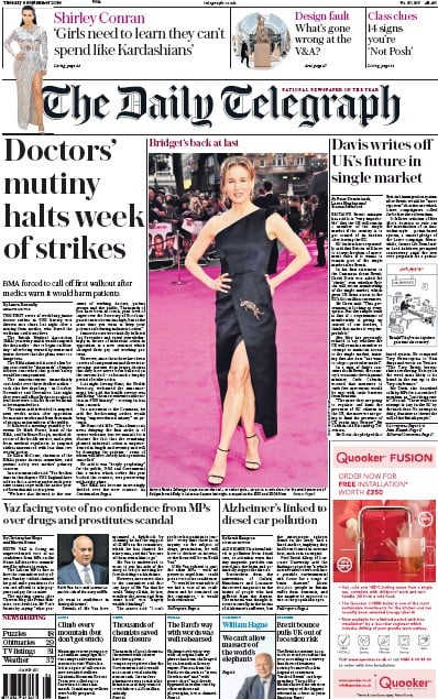 The Daily Telegraph Newspaper Front Page (UK) for 6 September 2016