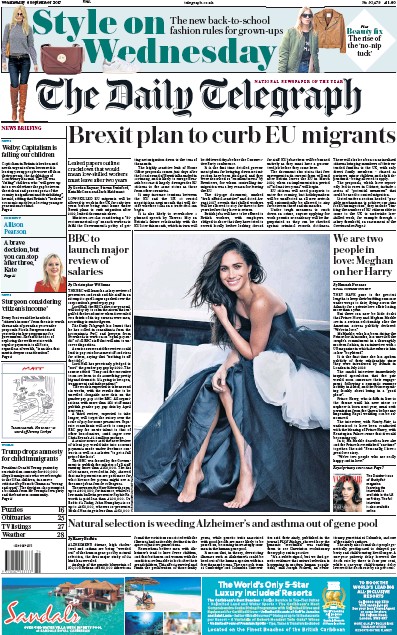 The Daily Telegraph Newspaper Front Page (UK) for 6 September 2017