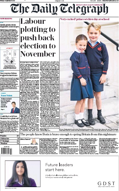 The Daily Telegraph Newspaper Front Page (UK) for 6 September 2019