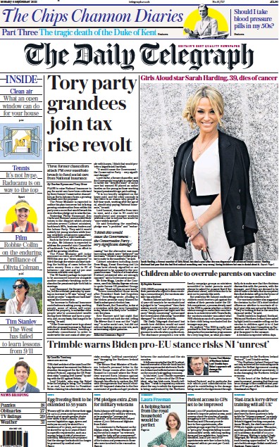The Daily Telegraph Newspaper Front Page (UK) for 6 September 2021