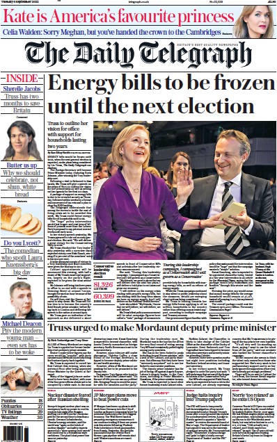 The Daily Telegraph Newspaper Front Page (UK) for 6 September 2022