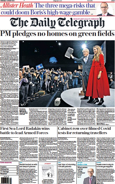 The Daily Telegraph Newspaper Front Page (UK) for 7 October 2021