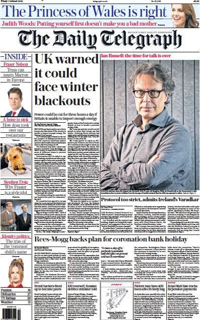 The Daily Telegraph Newspaper Front Page (UK) for 7 October 2022