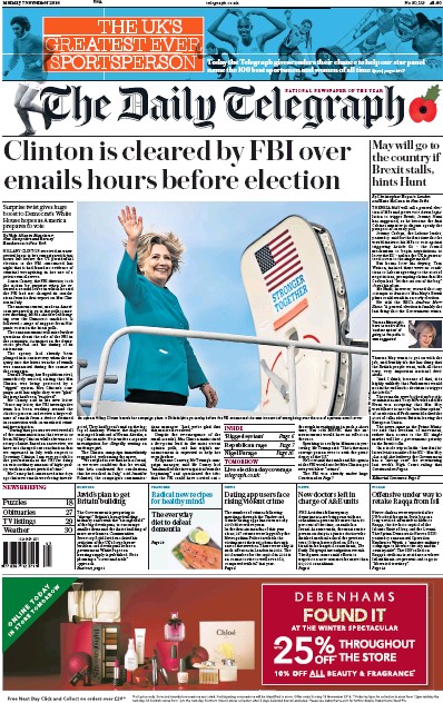 The Daily Telegraph Newspaper Front Page (UK) for 7 November 2016