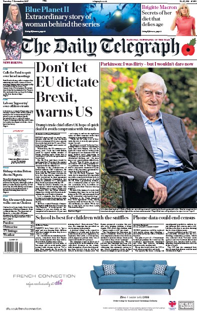 The Daily Telegraph Newspaper Front Page (UK) for 7 November 2017