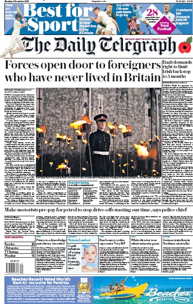 The Daily Telegraph Newspaper Front Page (UK) for 7 November 2018