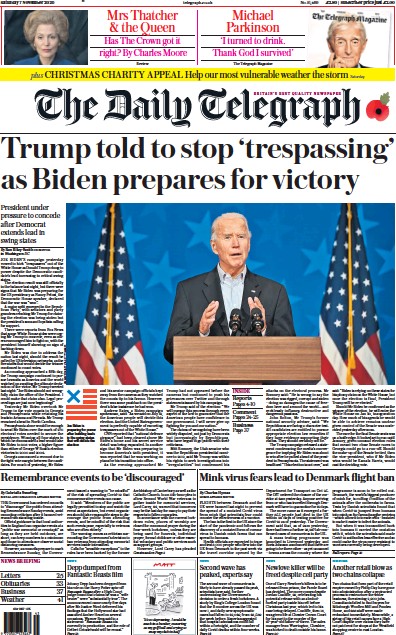 The Daily Telegraph Newspaper Front Page (UK) for 7 November 2020