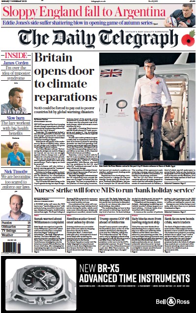 The Daily Telegraph Newspaper Front Page (UK) for 7 November 2022