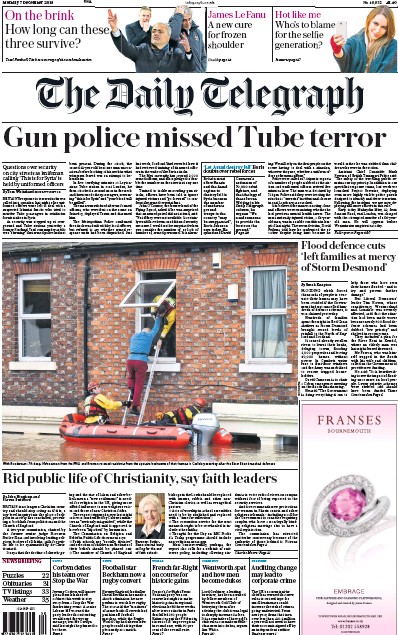 The Daily Telegraph Newspaper Front Page (UK) for 7 December 2015