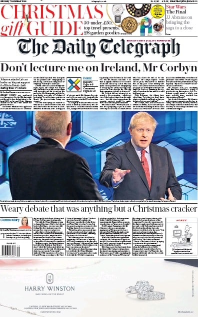 The Daily Telegraph Newspaper Front Page (UK) for 7 December 2019