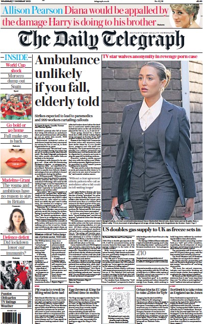 The Daily Telegraph Newspaper Front Page (UK) for 7 December 2022