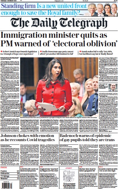 The Daily Telegraph Newspaper Front Page (UK) for 7 December 2023
