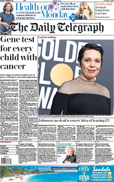 The Daily Telegraph Newspaper Front Page (UK) for 7 January 2019