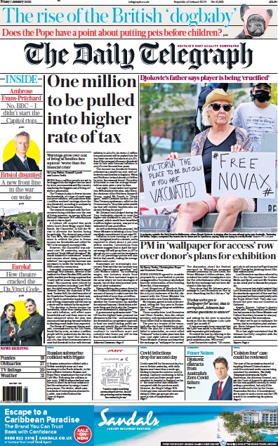 The Daily Telegraph Newspaper Front Page (UK) for 7 January 2022