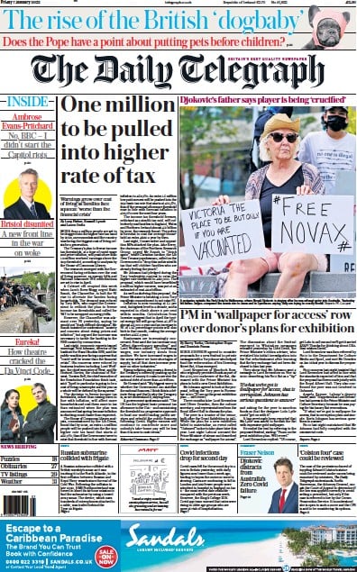 The Daily Telegraph Newspaper Front Page (UK) for 7 January 2022