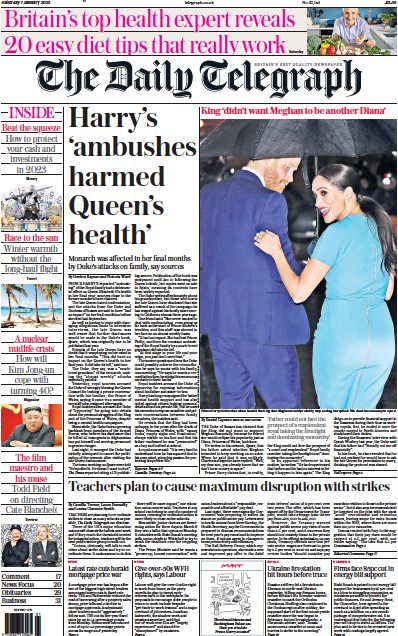 The Daily Telegraph Newspaper Front Page (UK) for 7 January 2023