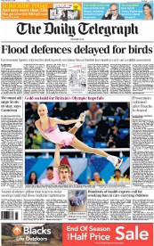 The Daily Telegraph Newspaper Front Page (UK) for 7 February 2014