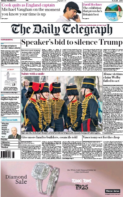 The Daily Telegraph Newspaper Front Page (UK) for 7 February 2017