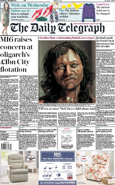 The Daily Telegraph Newspaper Front Page (UK) for 7 February 2018