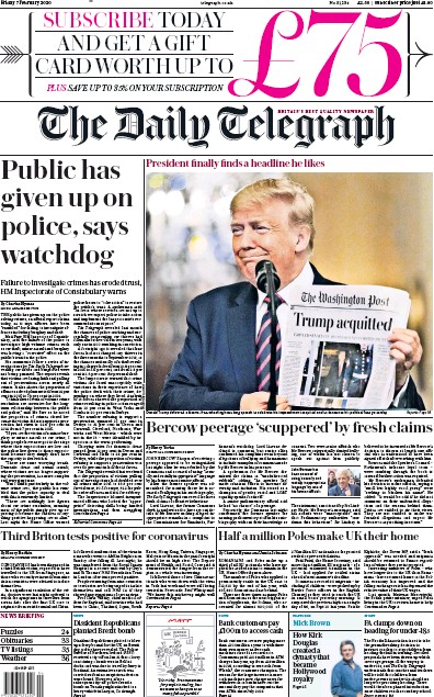 The Daily Telegraph Newspaper Front Page (UK) for 7 February 2020