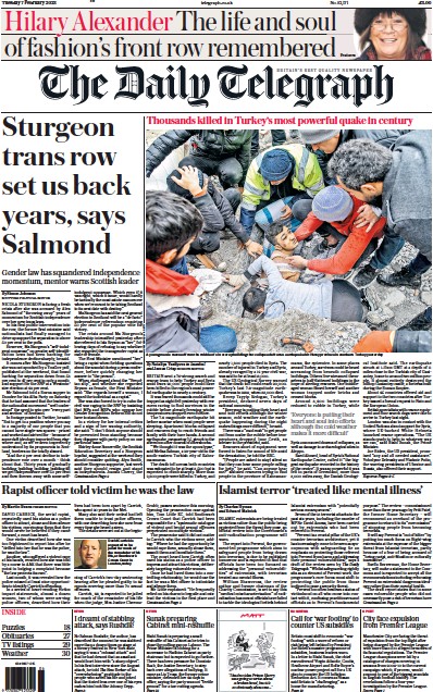 The Daily Telegraph Newspaper Front Page (UK) for 7 February 2023