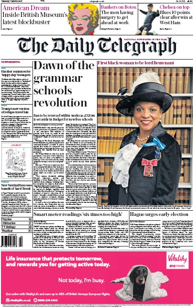 The Daily Telegraph Newspaper Front Page (UK) for 7 March 2017