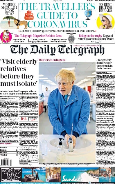 The Daily Telegraph Newspaper Front Page (UK) for 7 March 2020