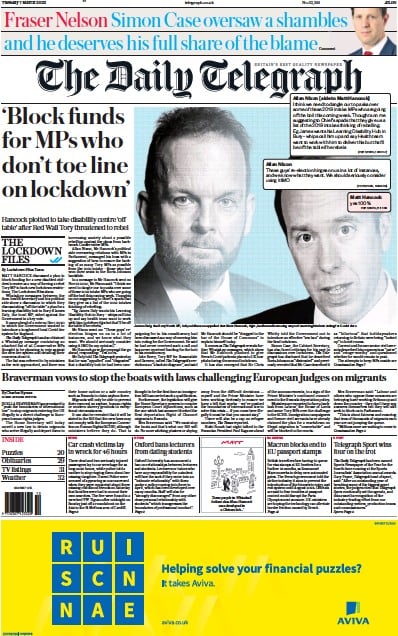 The Daily Telegraph Newspaper Front Page (UK) for 7 March 2023