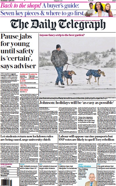 The Daily Telegraph Newspaper Front Page (UK) for 7 April 2021